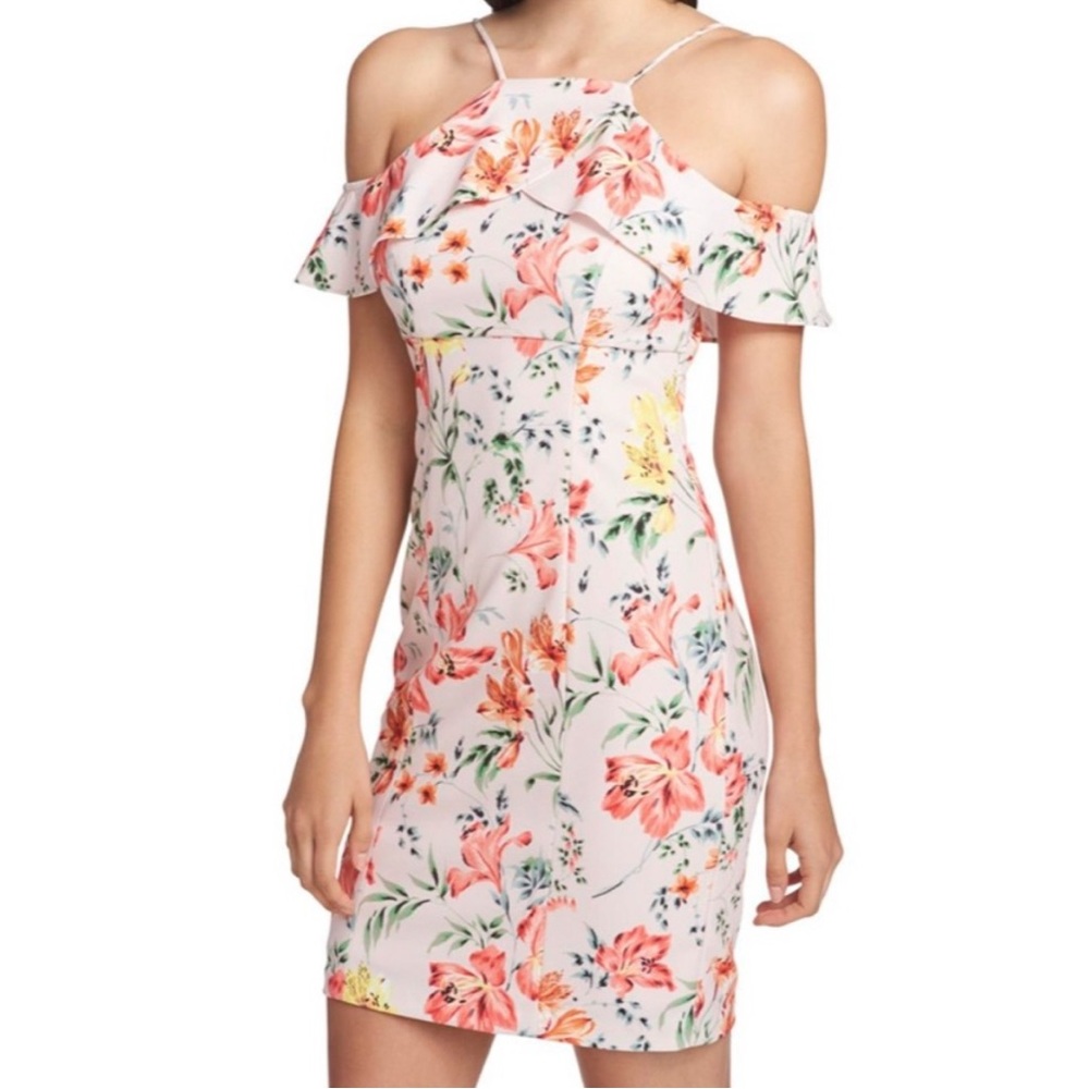 GUESS LOS ANGELES FLORAL COLD SHOULDER RUFFLE A-LINE DRESS SZ 8